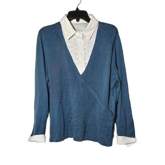 Jaclyn Smith Womens Blue Contrast Collared Faux Layered Polo Sweater Size Xlarge - Picture 1 of 10